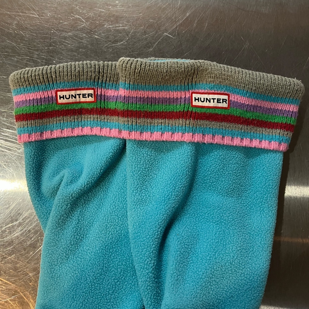 Hunter Turquoise Fleece Boot Socks with pink & grey Striped Cuff